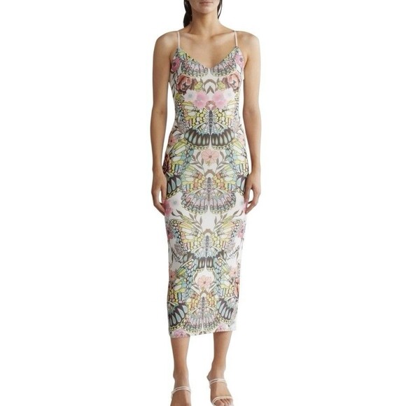 AFRM Amina Dress Blanc Spiral Butterfly Size L Mesh Midi Adjustable Straps - Picture 1 of 14